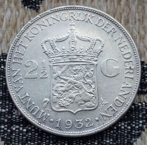 Нидерланды 2 1/2 гульдена 1932 года, UNC. Королева Вельгельмина. Серебро. Сторгуй за свою цену, предложи обмен! S65