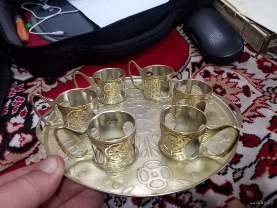 Коньячный набор. Подстаканники под рюмки на оригинальном подносе.  СССР.