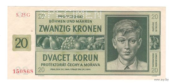Чехословакия 20 крон 1944 года. Перфорация. Состояние UNC!