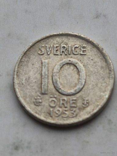 10 эре 1953 года Швеция. Серебро 400. Монета не чищена. 45215