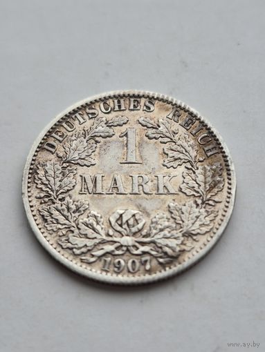 1 марка 1907 года. Германия. Вильгельм II. Серебро 900. Монета не чищена. 45437