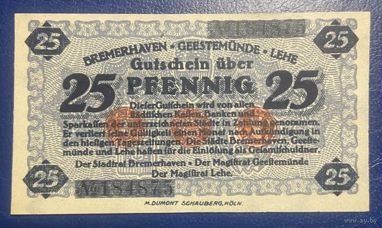 Нотгельд 25 пфеннигов 1921 год. Бремерхафен. Веймарская республика