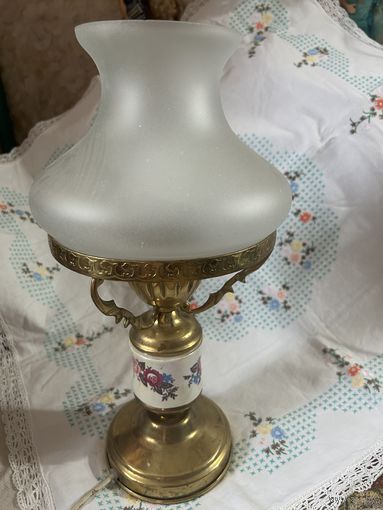 Лампа настольная Руслан и Людмила СССР винтаж латунь бронза фарфор Плафон стекло
