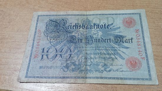 100 марок 1908 года Германии  0348140 красный номер и печать