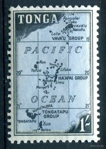 Британский протекторат - Королевство Тонга - 1953г. - ландшафты, карта, 1 Sh - 1 марка - MLH [Mi 109]. #4-B5-106-A-1
