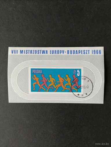 Польша 1966 Блок Mi.39 с маркой "Чемпионат Европы по легкой атлетике в Будапеште" (гашение с клеем штамп GNEZNO) марка Mi.1688 каталог 1.50 евро