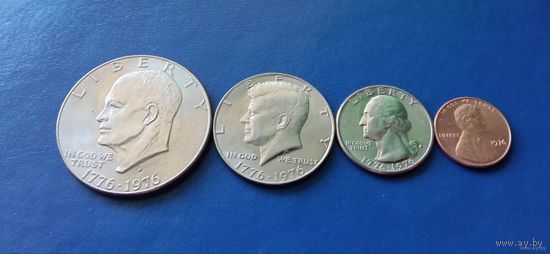 Сборка 1 доллар,50,25 и 1 центы 1976 год США "200 лет Независимости" (Состояние на фото)