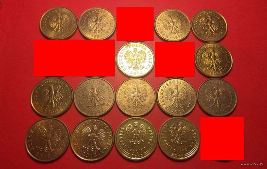 2 гроша 1991, 1992, 1998, 1999, 2002, 2004, 2005, 2007, 2008, 2009, 2010, 2012, 2013, 2014, 2015. Польша.