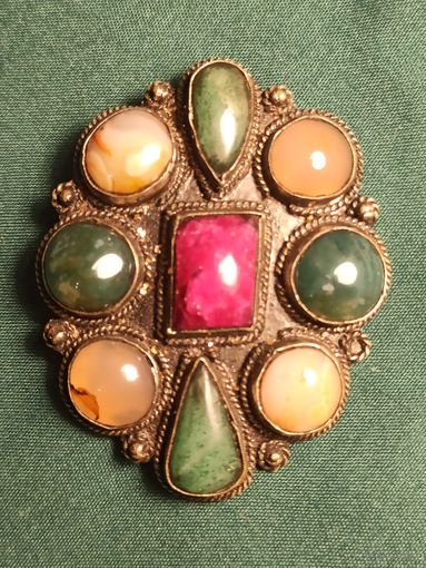 Винтажная серебряная брошь-булавка с натуральными камнями, ручная работа.