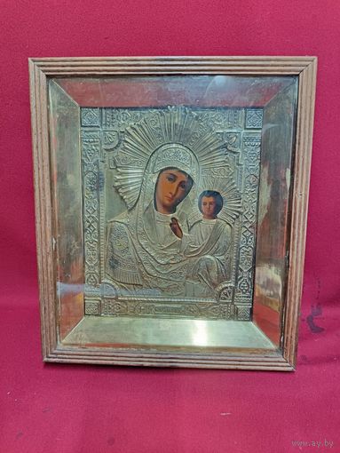 С рубля без мц. икона с коитом "Казанская Божья матерь с младенцем Иисусом", икона 27х22см. киот 35х30х7см.