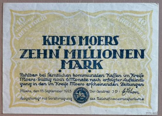 Германия 10 миллионов 10000000 марок 1923 г Мёрс (Moers)