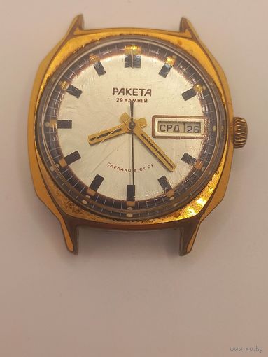 Часы Ракета автоподзавод СССР. 29 камней. На ходу. Позолота AU 5. Календарь рабочий.