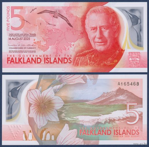 Фолклендские острова (Фолкленды), 5 фунтов 2025 г, P-W20 (A, полимер, IBNS 2025, король Карл III, бледный девичий цветок), UNC