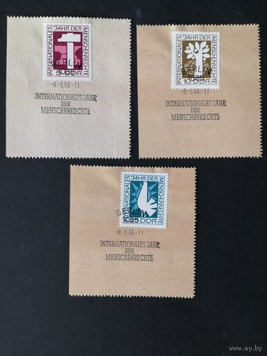 ГДР 1968 Полная серия марок на вырезках "Международный год прав человека" (спецгашение) Mi.1368-1370 каталог 1.50 евро
