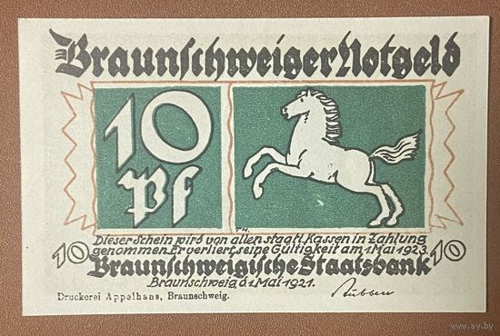 Нотгельд 10 пфеннигов 1921 год. Брауншвейг. Веймарская республика