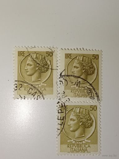 Италия 1955 Марка изображает профиль Аретузы, отсылка к древним сиракузским монетам.