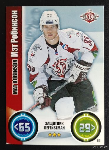 Карточка Мэт Робинсон. ХК "Динамо Рига". Сезон 2013-2014. Коллекция "TOPPS КХЛ Звёзды" N066