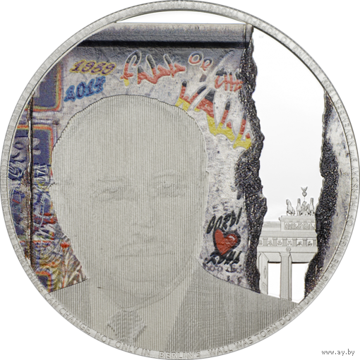 Палау 5 долларов 2014г. Голограмма "Берлинская стена. М. Горбачёв; Г. Коль".  Монета в капсуле; деревянном подарочном футляре; сертификат; коробка. СЕРЕБРО 25гр.