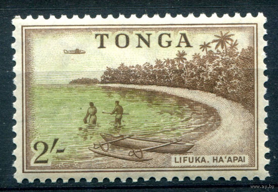 Британский протекторат - Королевство Тонга - 1953г. - ландшафты, рыбалка, самолёт, 2 Sh - 1 марка - MLH [Mi 110]. #4-B5-106-A-1