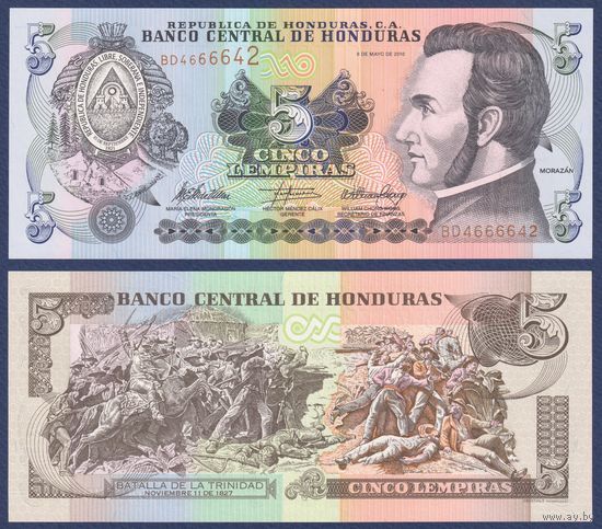 Гондурас, 5 лемпир 2010 г., P-91c (BE, президент Франсиско Морасан, битва при Тринидаде), UNC