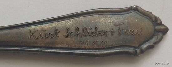 Ложка чайная с надписью (Kurt Schluter + Trau 1950). Серебрение 90.Патина.С рубля.