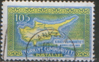 Марка из серии 1960г. Турция "Независимость Кипра. Карта острова"