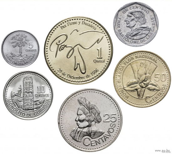 Гватемала набор монет 1, 5, 10, 25, 50 центавос, 1 Кетсаль, UNC.  Сторгуй за свою цену, предложи обмен!
