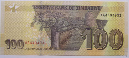 Зимбабве 100 долларов 2020 г UNC.