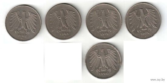 5 марок. 1975 D, J, 1981 F, 1982 F, 1990 J