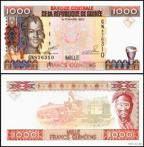 Гвинея 1000 франков образца 1998 года UNC p37 серия КВ