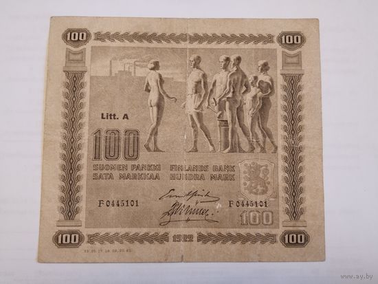 100 марок обр.1922 Lit.A вып 1923г. Финляндия