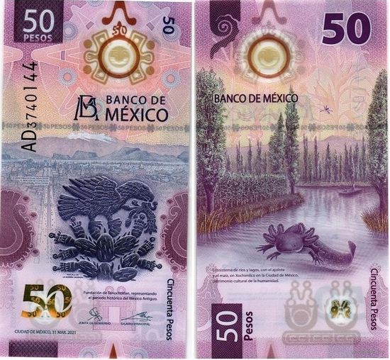 Мексика 50 песо 2021 год UNC (полимер).  IBNS (Международное общество банкнот) признало лучшей банкнотой 2021 года