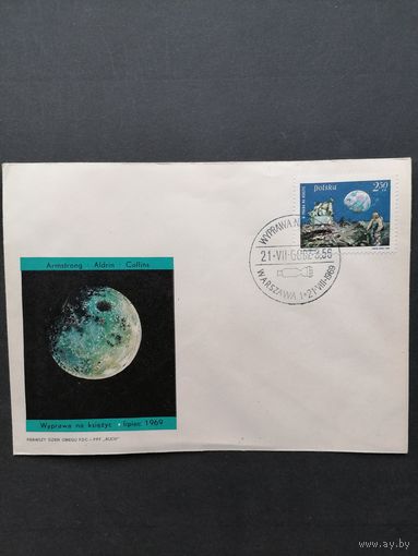 Польша 1969 КПД с маркой "Первая посадка на Луне американского космического корабля с космонавтами "APOLLO-11" (спецгашение) марка Mi.1940 каталог 1.50 евро