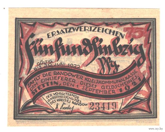 Германия нотгельд Щецин 75 пфеннигов 1922 года. Состояние UNC!