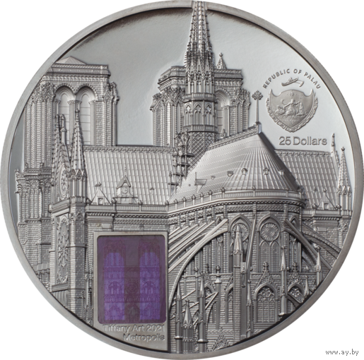 Палау 25 долларов 2021г. Тиффани "Tiffany Art: Париж - Собор Парижской Богоматери Нотр-Дам-де-Пари. Black Proof". Монета в капсуле; подарочной рамке; сертификат; коробка. СЕРЕБРО 155,50гр.(5 oz).