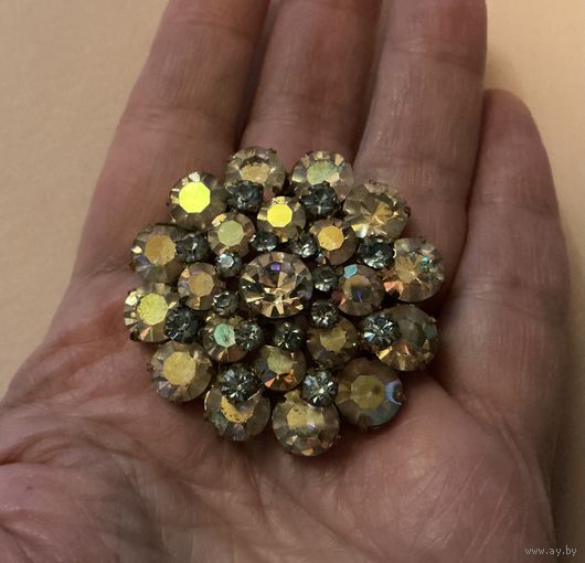 Брошь Купольная стразы Аврора Бореалис Чехия 50-е