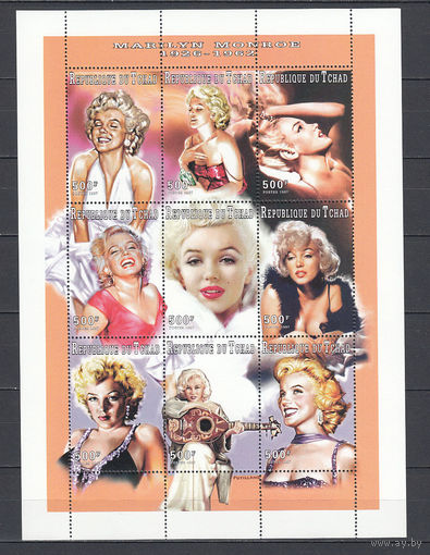 Мэрилин Монро. Чад. 1997. Малый лист. Michel N 1573-1581 (17,0 е)