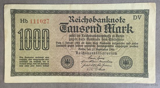 Банкнота 1000 марок 1922 год. Веймарская республика.