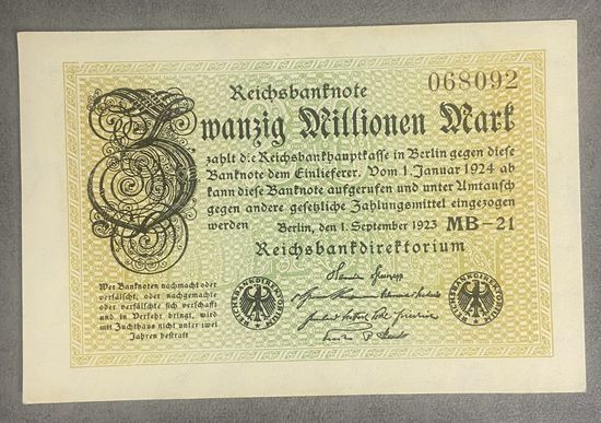 Банкнота 20 миллионов марок 1923 год. Веймарская республика. НЕ БЫЛА В ОБОРОТЕ