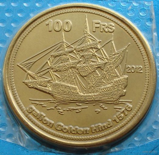 Остров Европа. 100 франков 2012 года "Корабль" "В запайке" Unusual