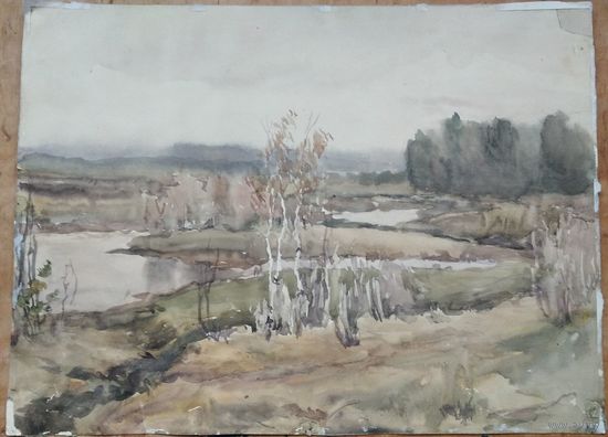 Лысов Юлий Романович. Пейзаж. Акварель. Ленинград. 1950 г. 29х38 см.
