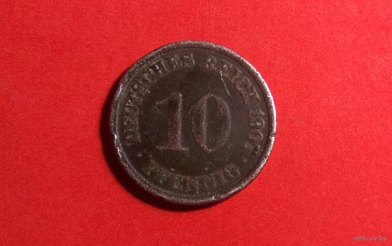 10 пфеннигов 1907 F. Германия. Нечастая.