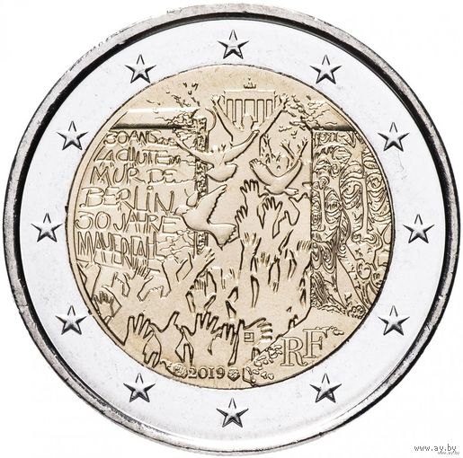2 евро 2019 Франция 30 лет падения Берлинской стены UNC из ролла