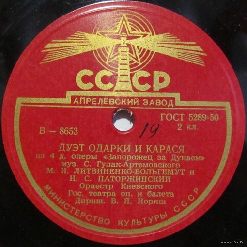Мария Литвиненко-Вольгемут и Иван Паторжинский - Дуэт Одарки и Карася (Из оперы "Запорожец за Дунаем") (10'', 78rpm)