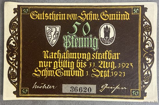 Нотгельд 50 пфеннигов 1921 год. Гмюнд. Веймарская республика.