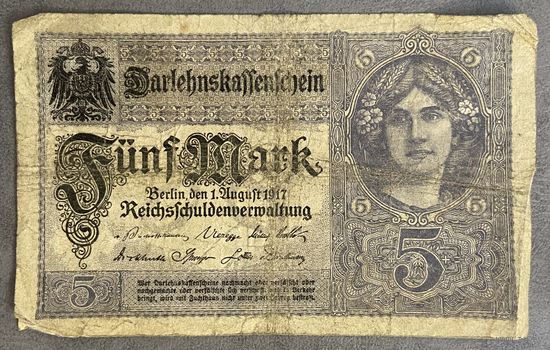 Банкнота 5 марок 1917 год. Германская империя.