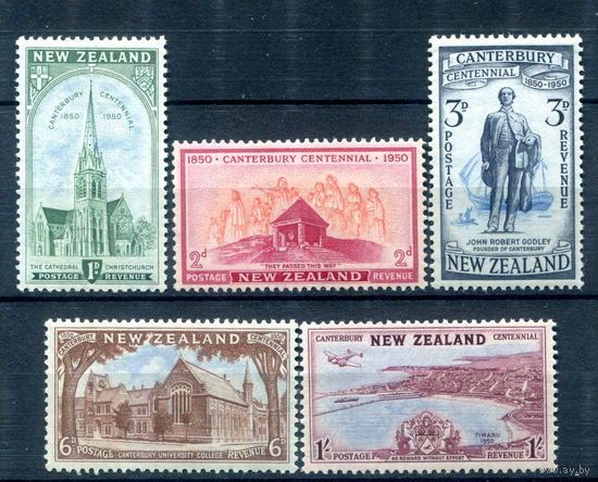 Британские колонии - Новая Зеландия - 1950г. - 100 лет Кентербери, архитектура, ландшафты - 5 марок - полная серия, MNH [Mi 312-316]. #3-WB-86-A-1