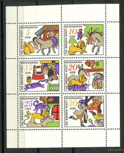 ГДР - 1971г. - Сказки. Бременские музыканты - 1 малый лист - полная серия, MNH с маленьким отпечатком на клее [Mi 1717-1722]. #O-Se-Z-2-39