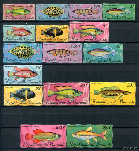 Бурунди - 1967г. - рыбки - 16 марок - полная серия, MNH, 7 марок с отпечатками на клее, 3 с полосами на клее, 3 с лёгким пожелтением клея [Mi 321-324]. #3-Bu-Z-1-21