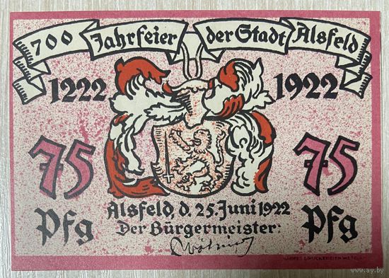 Нотгельд Альсфельд 75 пфеннигов 1922 год. Веймарская республика